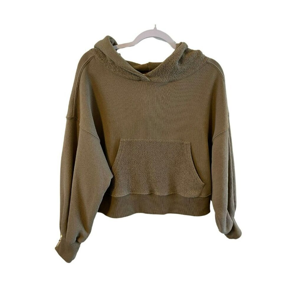 Zenana Terry Cloth Womens M Tan Pullover Hoodie Sweatshirt cropped stretch warm